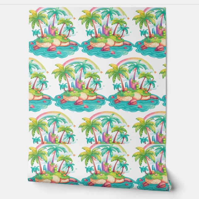 Papel Pintado Isla tropical con palmeras y arcoiris (Desenrollar)