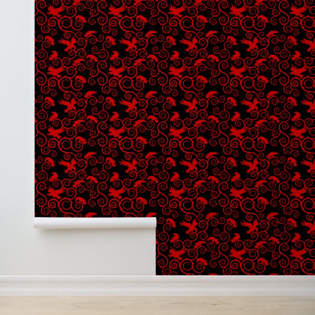 Papel Pintado Jacquard Red y Black Raven Victorian Gótico (Solicitud)