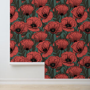 Papel Pintado Jardín de amapolas en coral, marrón y verde pino