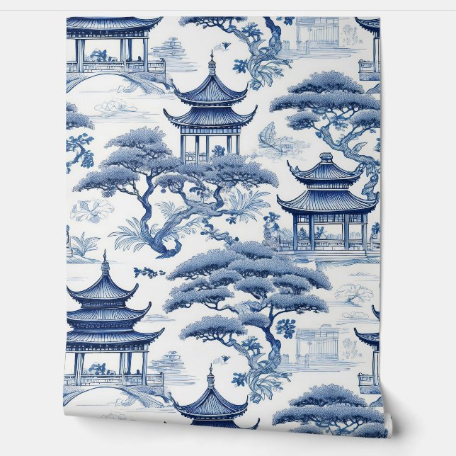 Papel Pintado Jardín de Chinoiserie azul y blanco (Desenrollar)