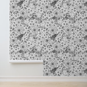 Papel Pintado Jardín De Flores Silvestres Protea Negra Y Blanca