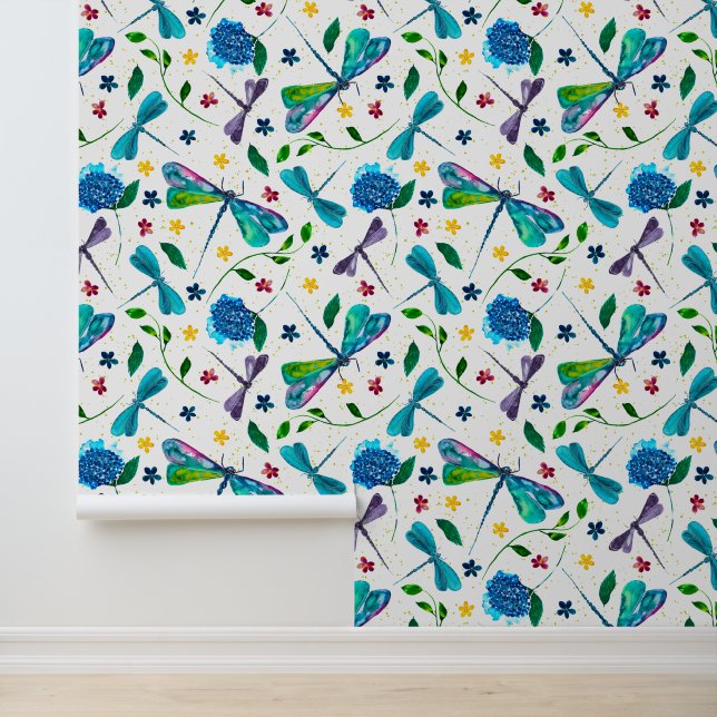 Papel Pintado Jardín de la libélula de flores en blanco (Solicitud)