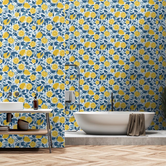 Papel Pintado Jardín de limón de Zesty - amarillo claro y azul (Baño)