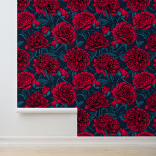 Papel Pintado Jardín de peones rojos en azul oscuro