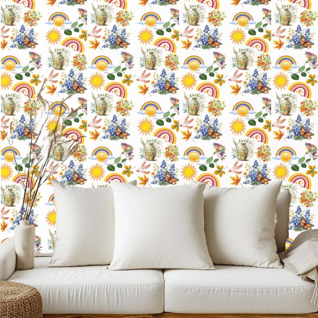 Papel Pintado Jardín de primavera mariposa Arcoiris Sunshine Gre (Spring Garden Butterfly Rainbow Sunshine Greenery Wallpaper)