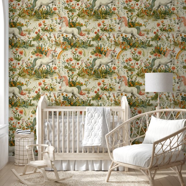 Papel Pintado Jardín de unicornio en blanco (Niños)