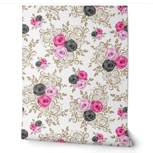 Papel Pintado Jardín Rosa Dorada (Desenrollar)