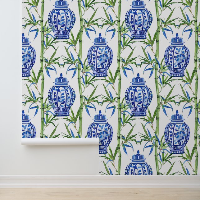 Papel Pintado Jares de jengibre azules y verdes y bambú (Solicitud)