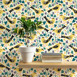 Papel Pintado Jilguero y Flor de Violeta de Madera