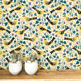 Papel Pintado Jilguero y Flor de Violeta de Madera