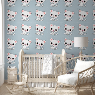 Papel Pintado Jugador kawaii blanco gatito en azul