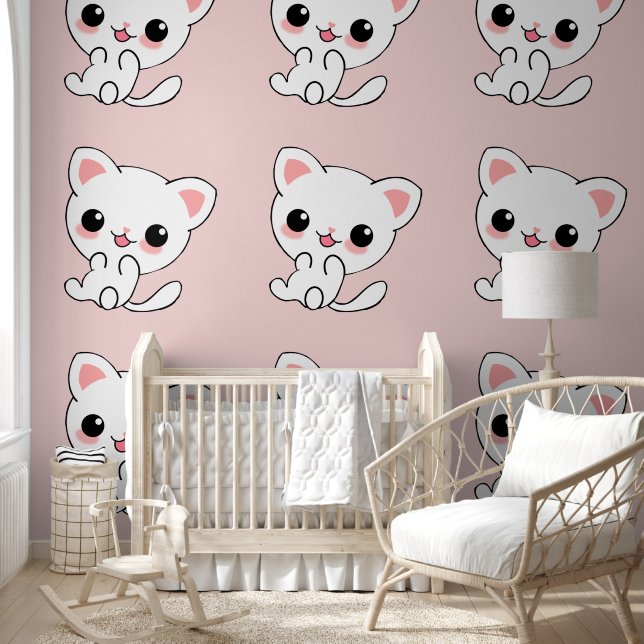 Papel Pintado Jugador kawaii blanco gatito en rosa (Niños)