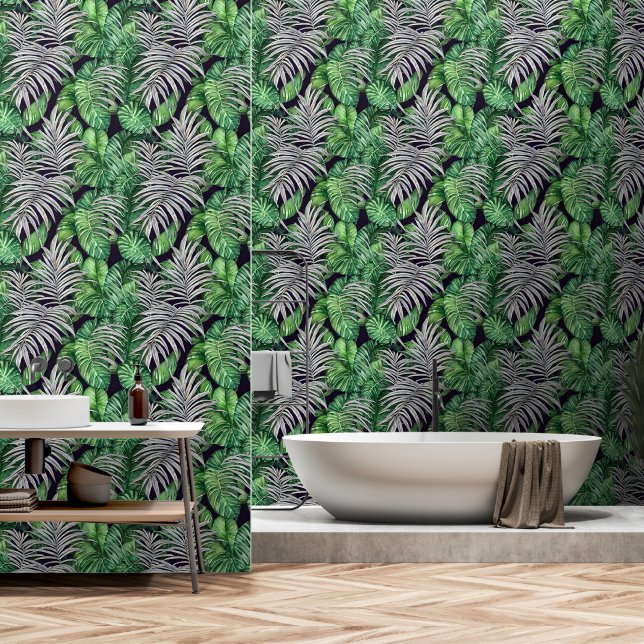 Papel Pintado Jungla tropical monstera hoja foliación verde negr (Baño)