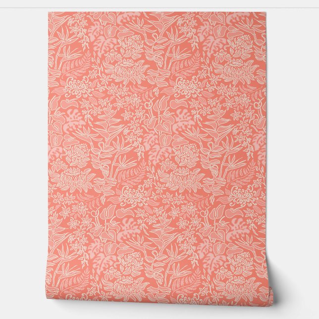 Papel Pintado Kauai Morning Protea Floral Hawaiana - Coral (Desenrollar)