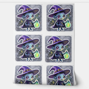Papel Pintado Kawaii Robot Bruja Halloween Cute Poción Mágica
