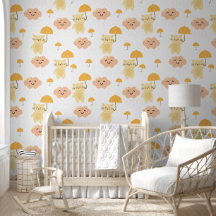 Papel Pintado Kitty lindo con paraguas y nubes sonrientes