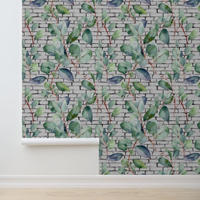 Papel Pintado La acuarela Eucalyptus Brick deja un jardín de veg (Solicitud)