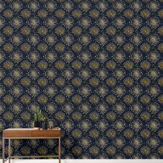 Papel Pintado Lámina de oro estilizada, flores sobre azul median