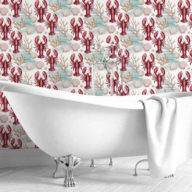 Papel Pintado Langosta acuarela y costa de conchas marinas (Subido por el creador)