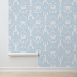 Papel Pintado Langosta y Cangrejo Azul Claro y Blanco