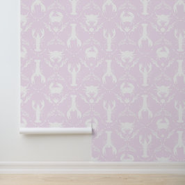 Papel Pintado Langosta y cangrejo rosa claro y blanco
