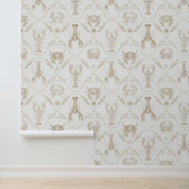 Papel Pintado Langostas y cangrejos costeros elegantes en beige