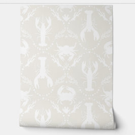 Papel Pintado Langostas y cangrejos en beige claro y blanco