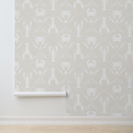 Papel Pintado Langostas y cangrejos en beige claro y blanco