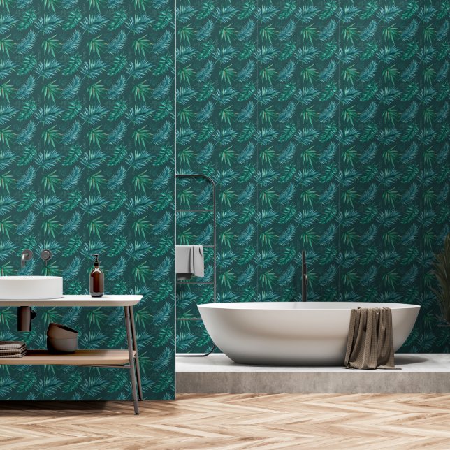 Papel Pintado Las hojas tropicales verdes (Baño)