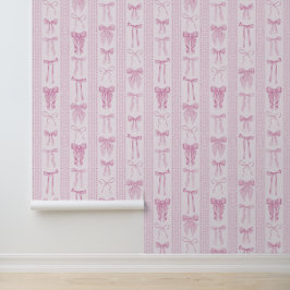 Papel Pintado Lazos rosados con rayas verticales de encaje