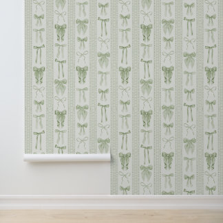 Papel Pintado Lazos Verde Salvia y Encaje en Rayas Verticales