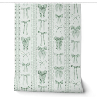 Papel Pintado Lazos Verde Salvia y Rayas Verticales de Encaje
