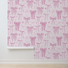 Papel Pintado Lazos y Corazones Rosados Coquetos sobre Rosa Suav