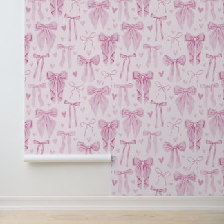 Papel Pintado Lazos y Corazones Rosados Coquetos sobre Rosa Suav