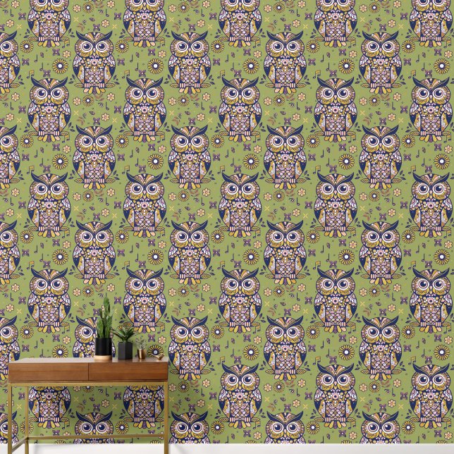 Papel Pintado Lechuza caprichosa y verde melodía floral (Pasillo)