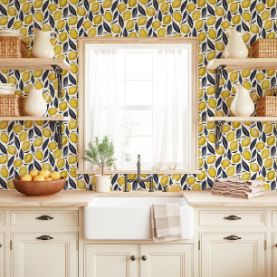 Papel Pintado Lemones amarillos y hojas grises en blanco