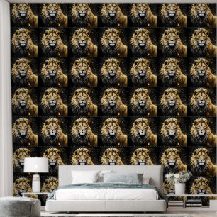 Papel Pintado León Macho Dorado Y Gris,