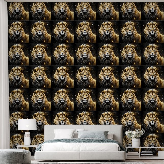 Papel Pintado León Macho Dorado Y Gris, (Dormitorio)