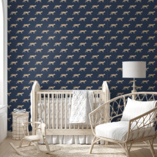 Papel Pintado Leopard Botanical Watercolor Navy Blue Boy Nursery