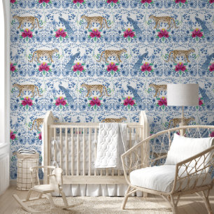 Papel Pintado Leopard Peacock Chinoiserie Floral Azul y Blanco