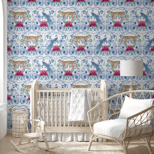Papel Pintado Leopard Peacock Chinoiserie Floral Azul y Blanco (Niños)