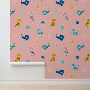 Papel Pintado Leopardos con hojas de jungla sobre rosado