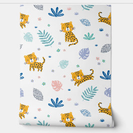 Papel Pintado Leopardos mudos con hojas de jungla blanco