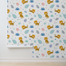 Papel Pintado Leopardos mudos con hojas de jungla blanco