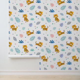 Papel Pintado Leopardos mudos con hojas de jungla blanco