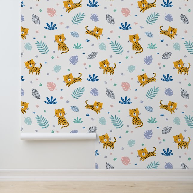 Papel Pintado Leopardos mudos con hojas de jungla blanco (Solicitud)