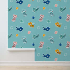 Papel Pintado Leopardos mugrientos con hojas de selva en azul Aq