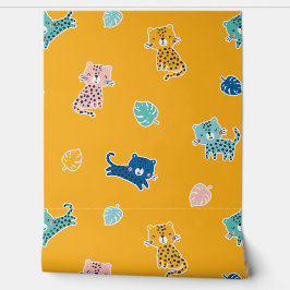 Papel Pintado Leopardos mugrientos con hojas de selva sobre most