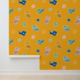 Papel Pintado Leopardos mugrientos con hojas de selva sobre most