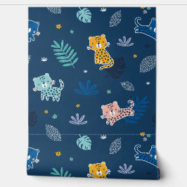 Papel Pintado Leopardos mullidos con hojas de selva azul oscuro